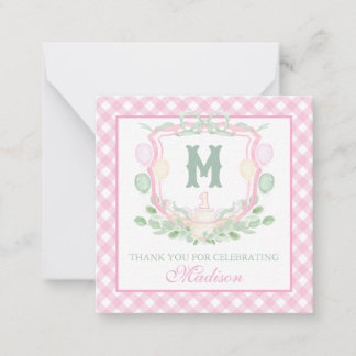 Watercolor Pink 1st Birthday Monogram Crest Party Anteckningskort
