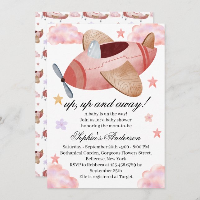 Watercolor Pink Airplane Baby Shower Invitation Inbjudningar (Fram/baksida)