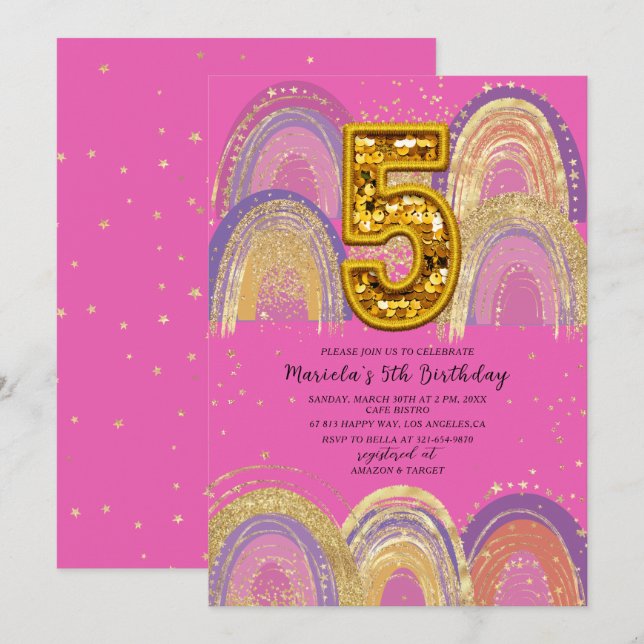 Watercolor pink and gold stars  Birthday Party Inbjudningar (Fram/baksida)