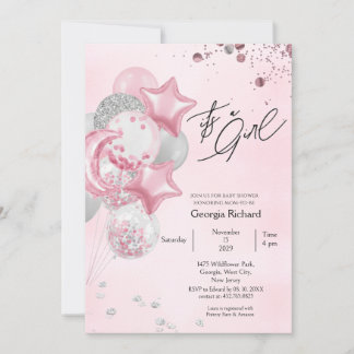 Watercolor Pink Balloons Its A Girl Baby Shower  Inbjudningar