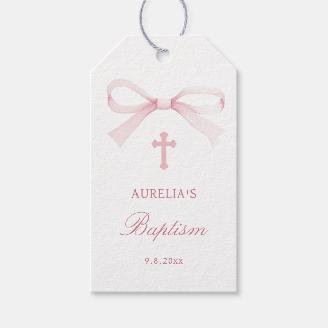Watercolor Pink Bow Baptism Presentetikett (Framsidan)