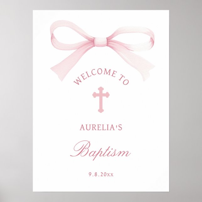 Watercolor Pink Bow Baptism Welcome Poster (Framsidan)