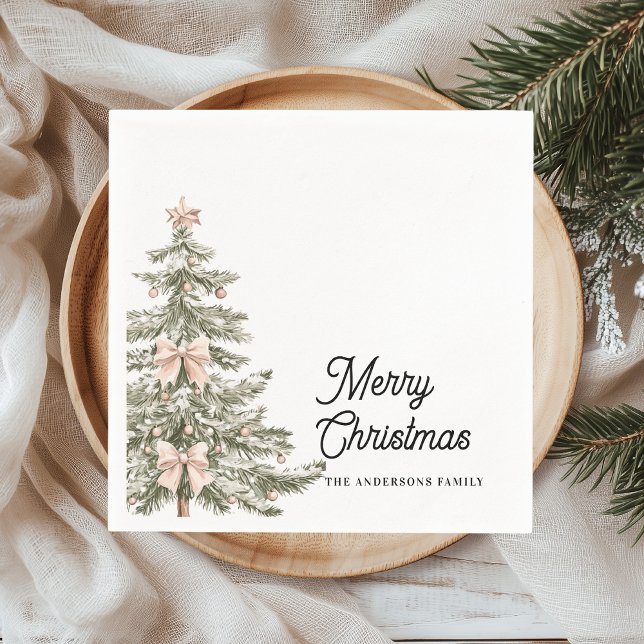Watercolor Pink Bow Christmas Tree Personalized Pappersservett (Skapare uppladdad)