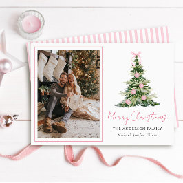 Watercolor Pink Bow Christmas Tree Photo Julkort