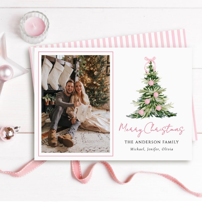 Watercolor Pink Bow Christmas Tree Photo Julkort (Skapare uppladdad)