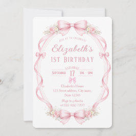 Watercolor Pink Bow First Birthday Invitation Inbjudningar