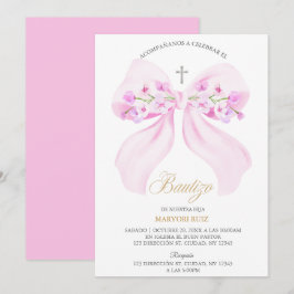Watercolor Pink Bow Floral Girl Baptism Inbjudningar