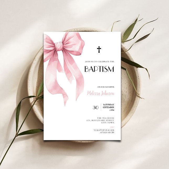 Watercolor Pink Bow for Girls Baptism Invitation Inbjudningar (watercolor pink bow baptism invitation)