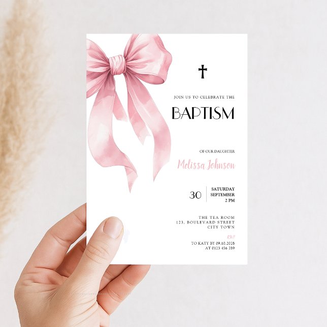 Watercolor Pink Bow for Girls Baptism Invitation Inbjudningar (watercolor pink bow baptism invitation)