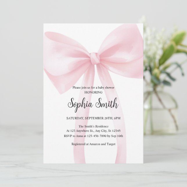 Watercolor Pink Bow Girl Baby Shower Inbjudningar (Stående Fram)