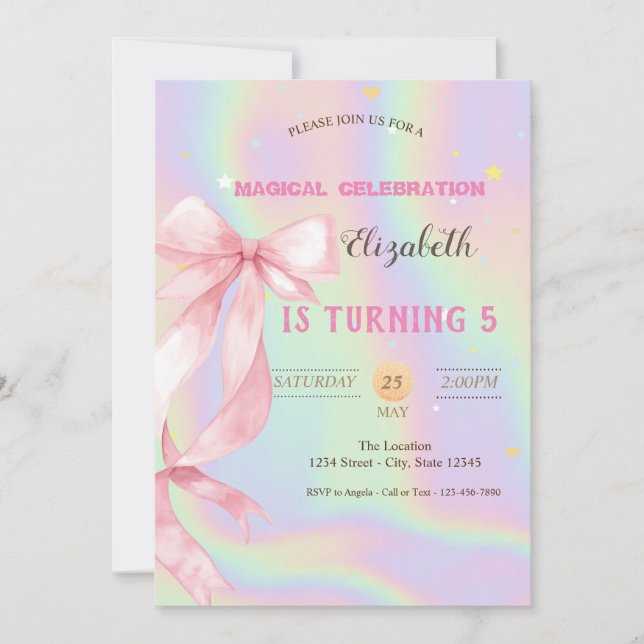 Watercolor Pink Bow Holographic Birthday Inbjudningar (Framsida)