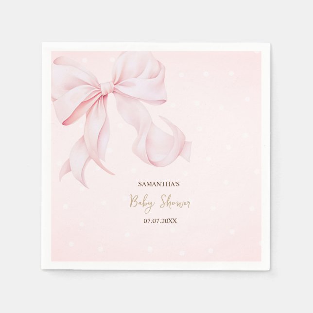 Watercolor Pink Bow Pink Dots Baby Shower  Pappersservett (Framsidan)
