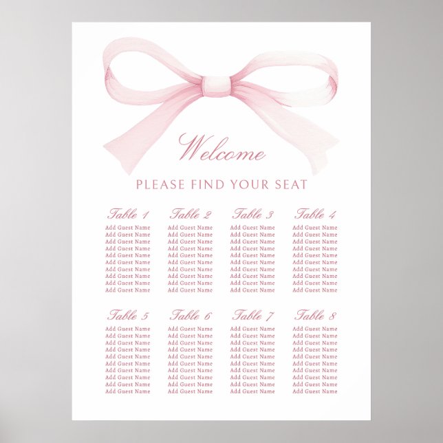 Watercolor Pink Bow Seating Chart Poster (Framsidan)