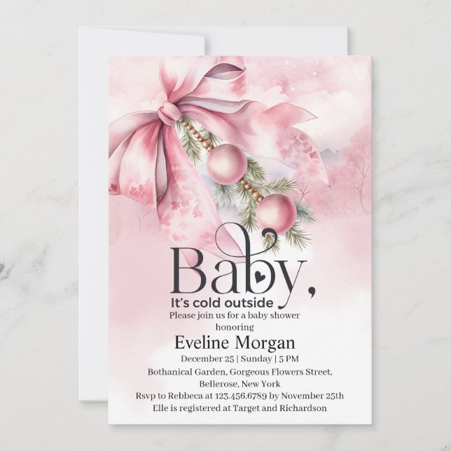 Watercolor Pink Bow with Baubles Baby Shower  Inbjudningar (Framsida)