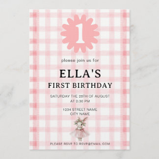 Watercolor Pink Check Bunny Birthday Invitation Inbjudningar