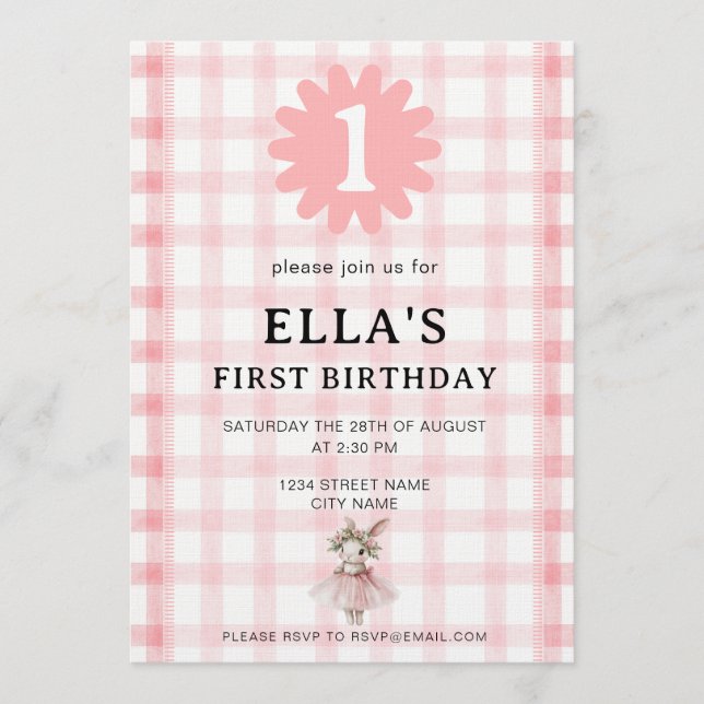 Watercolor Pink Check Bunny Birthday Invitation Inbjudningar (Framsida)