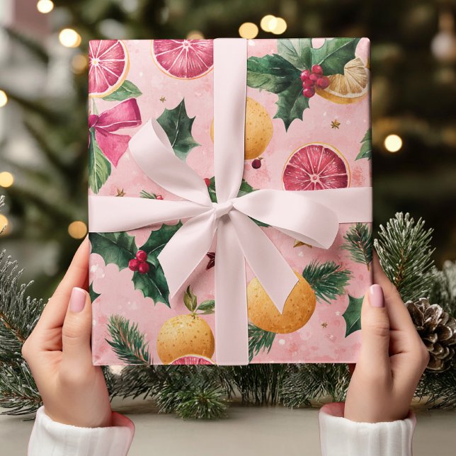 Watercolor Pink Citrus Christmas  Presentpapper (Skapare uppladdad)