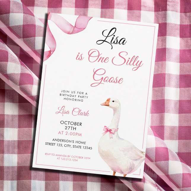 Watercolor Pink Coquette Silly Goose 1st Birthday Inbjudningar (Skapare uppladdad)