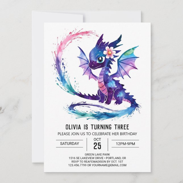 Watercolor Pink Dragon Digital Girl Birthday Inbjudningar (Framsida)