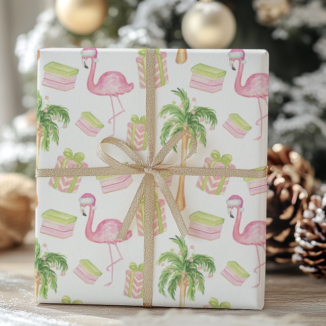 Watercolor Pink Flamingo Beach Christmas Presentpapper (Skapare uppladdad)