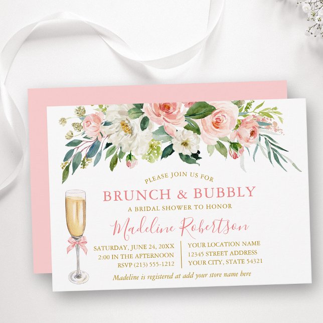 Watercolor Pink Floral Bridal Shower Brunch Gold Inbjudningar (Customize to change text color, text style or color of back of card.)