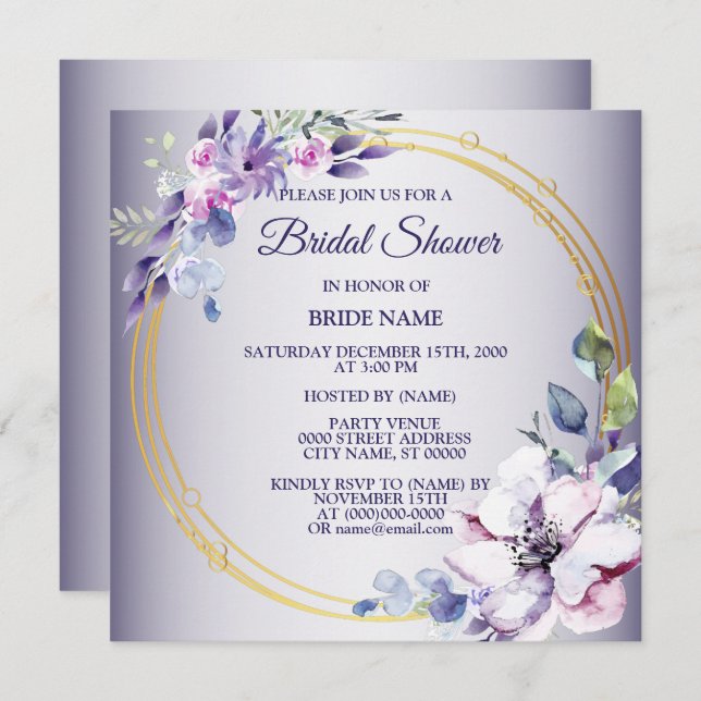 Watercolor Pink Floral Golden Purple Bridal Shower Inbjudningar (Fram/baksida)
