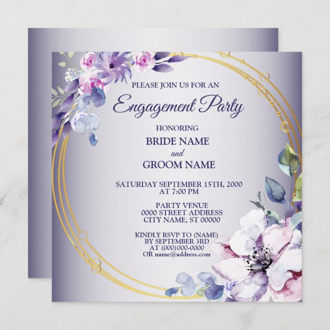 Watercolor Pink Floral Golden Purple Engagement  Inbjudningar (Fram/baksida)