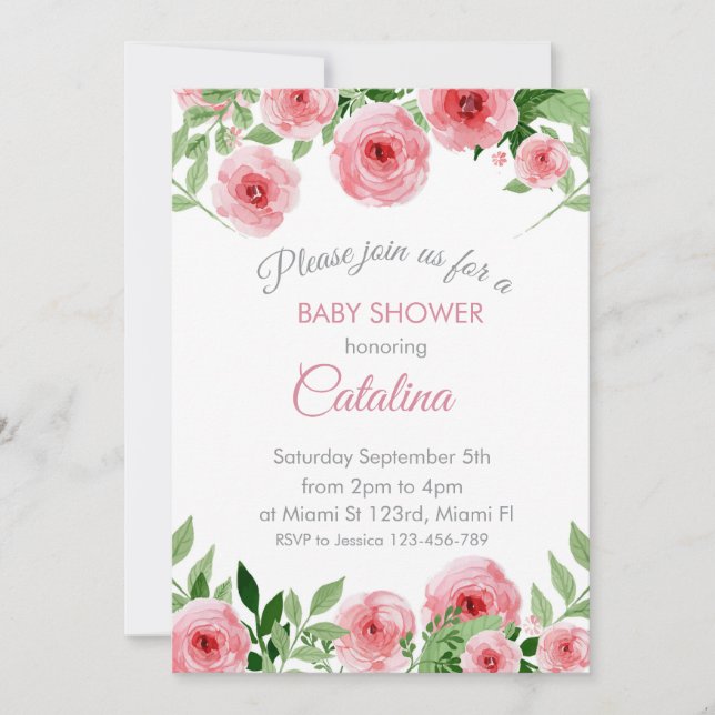 Watercolor Pink Flowers Baby Shower Invitation Inbjudningar (Framsida)