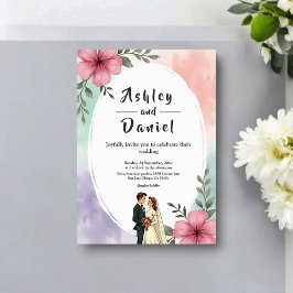 Watercolor Pink Flowers Couple Boho Summer Wedding Inbjudningar