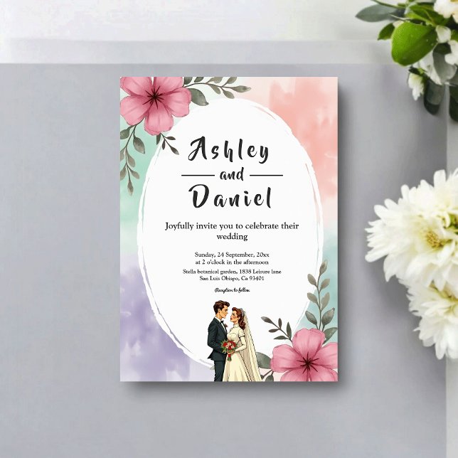 Watercolor Pink Flowers Couple Boho Summer Wedding Inbjudningar (Skapare uppladdad)