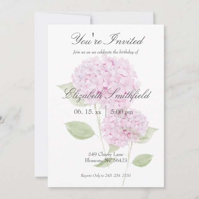 Watercolor Pink Hydrangea Invitation Inbjudningar (Framsida)