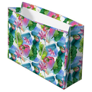 Watercolor Pink Lotus Flowers and Leaves Botanical