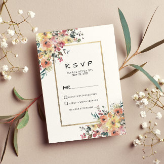Watercolor pink orange gold floral country RSVP Inbjudningar