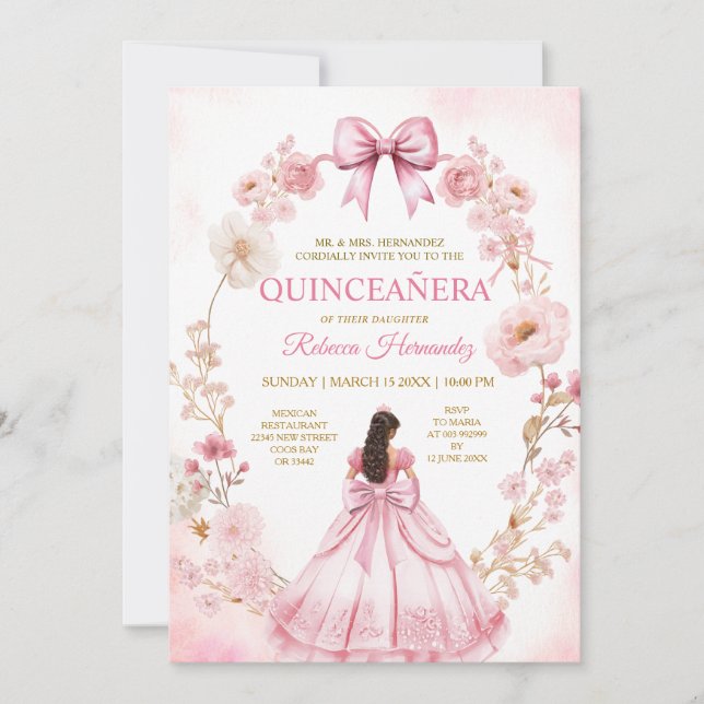 Watercolor Pink Ribbon Bows Quinceañera Invitation Inbjudningar (Framsida)