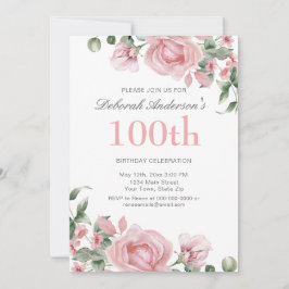 Watercolor PInk Rose 100th Birthday Party Inbjudningar