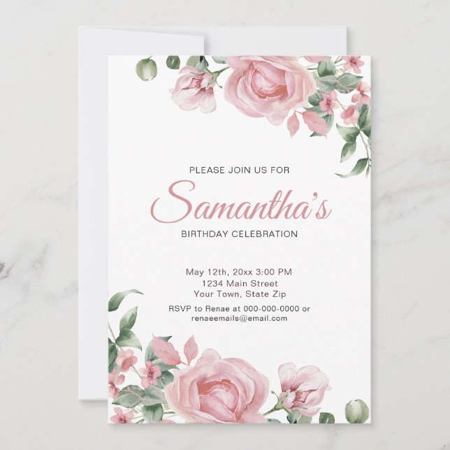 Watercolor PInk Rose Birthday Party  Inbjudningar (Framsida)