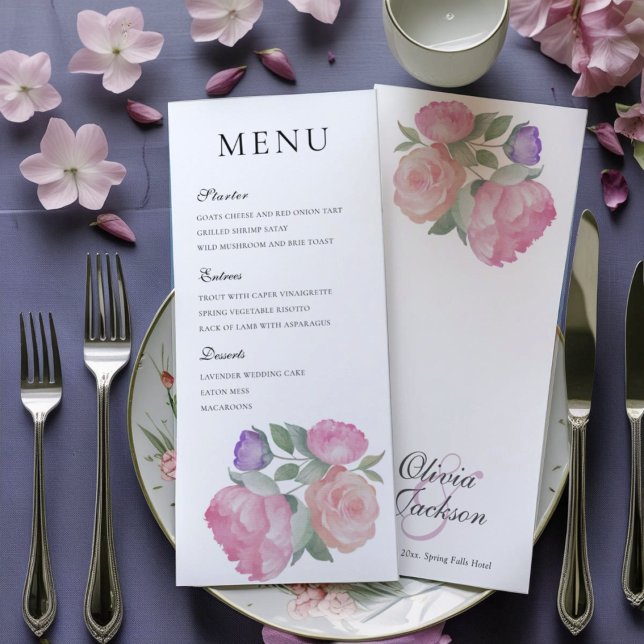  Watercolor Pink Rose & Peonie Wedding Menu Meny (Skapare uppladdad)