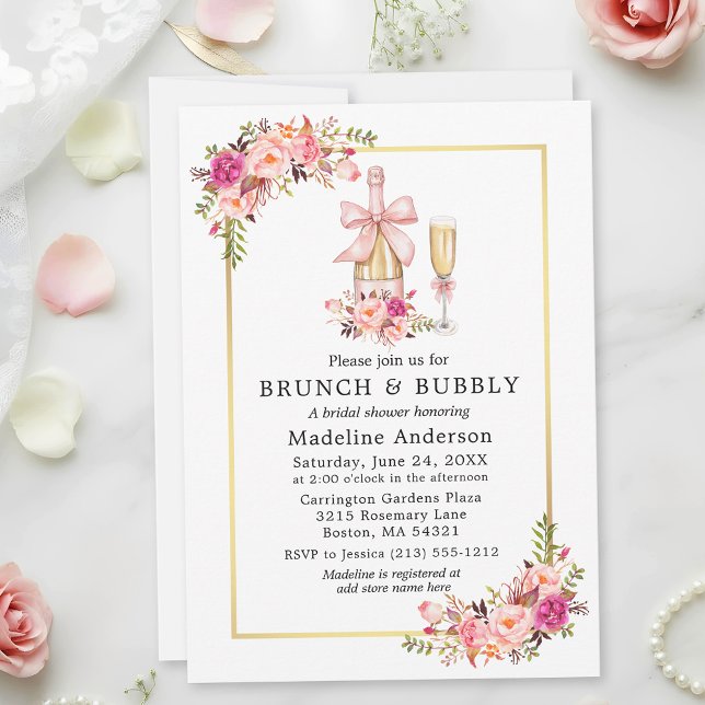 Watercolor Pink Roses Bow Bridal Shower Brunch Inbjudningar (Customize to add more text to back of card.)