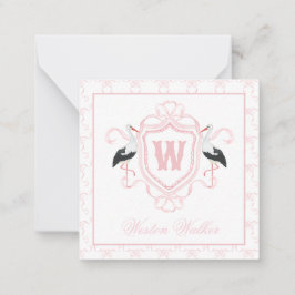 Watercolor Pink Stork Bow Monogram Crest Anteckningskort