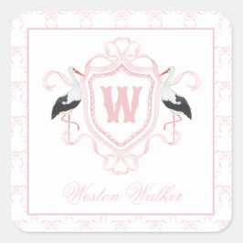 Watercolor Pink Stork Bow Monogram Crest Fyrkantigt Klistermärke