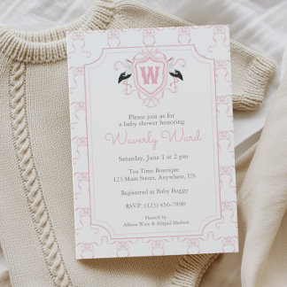 Watercolor Pink Stork Monogram Crest Baby Shower Inbjudningar
