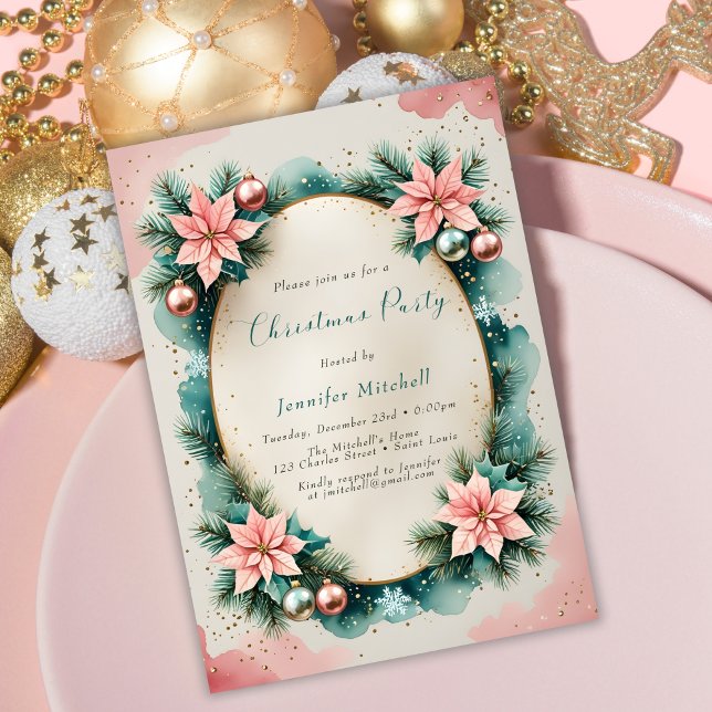 Watercolor Pink Teal Poinsettia Wreath Christmas Inbjudningar (Christmas Party Invitation. Pink and Teal Poinsettia Wreath, Gold Accents, Elegant Watercolor)
