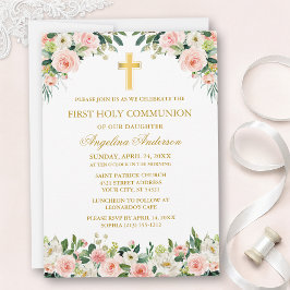 Watercolor Pink White Floral Communion Gold Inbjudningar