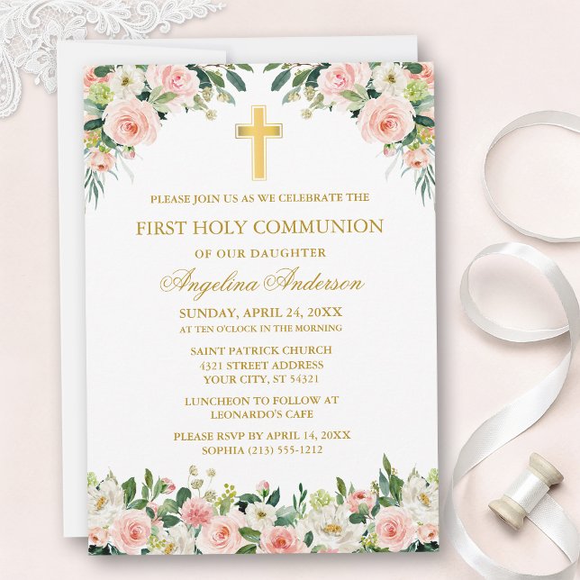 Watercolor Pink White Floral Communion Gold Inbjudningar (Customize to change text size, text style or color.)
