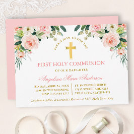 Watercolor Pink White Floral Gold Communion Inbjudningar