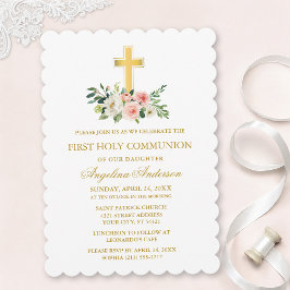 Watercolor Pink White Floral Gold Cross Communion Inbjudningar