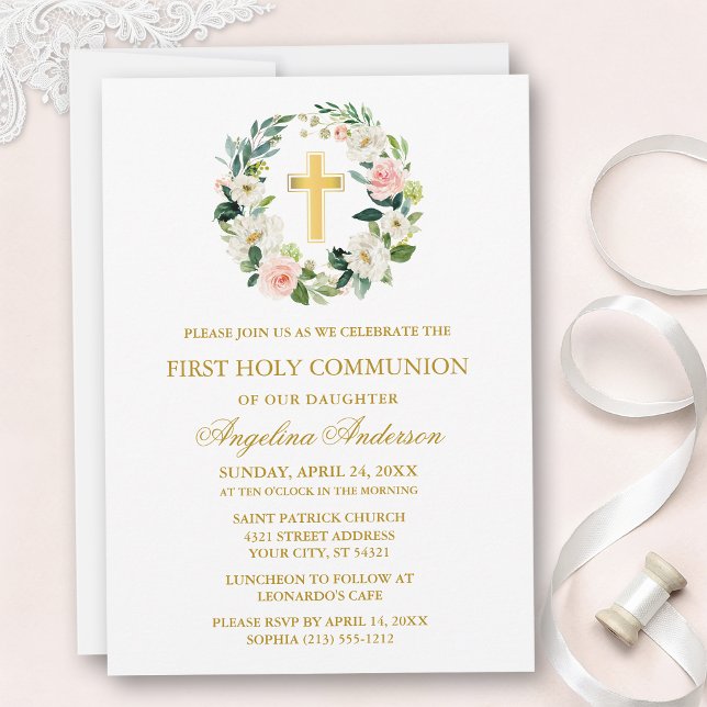 Watercolor Pink White Floral Wreath Gold Communion Inbjudningar (Customize to change text size, text style or color.)