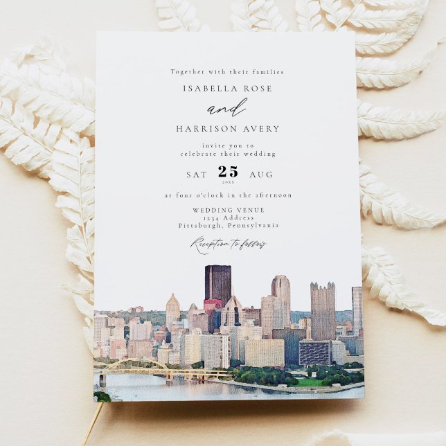 Watercolor Pittsburgh Pennsylvania Skyline Wedding Inbjudningar (Skapare uppladdad)