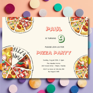 Watercolor pizza party fyller år inbjudningar