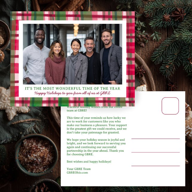 Watercolor Plaid Christmas Custom Photo Business Helg Vykort (Watercolor Plaid Christmas Custom Photo Business Corporate Office Holiday Postcard
)